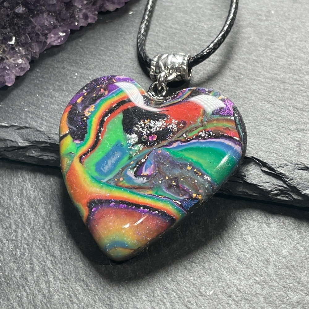 Lisa Frank Inspired Rainbow Galaxy Heart Pendant Necklace Hand Crafted - Picture 11 of 14